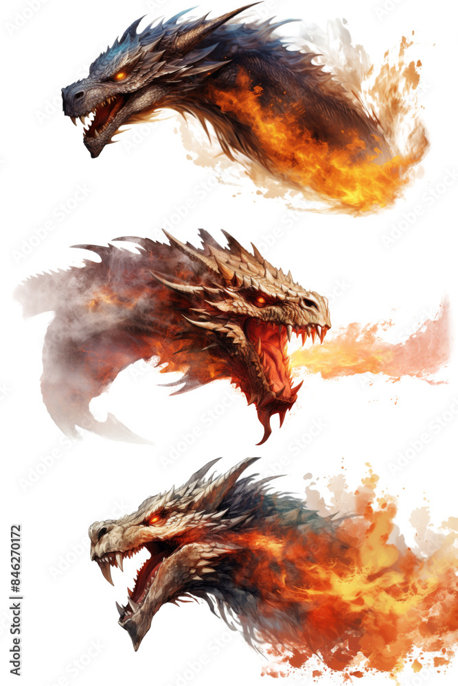 Collection of dragons head breathing fire isolated on transparent or white background Collection of dragons head breathing fire isolated on transparent or white background