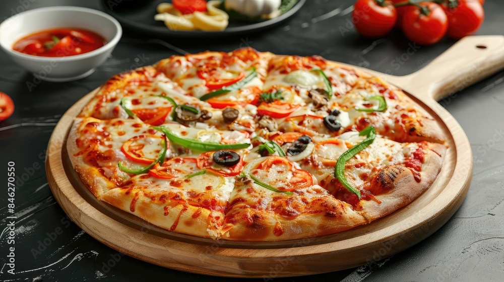 Pizza freshly served on a wooden platter Pizza freshly served on a wooden platter
