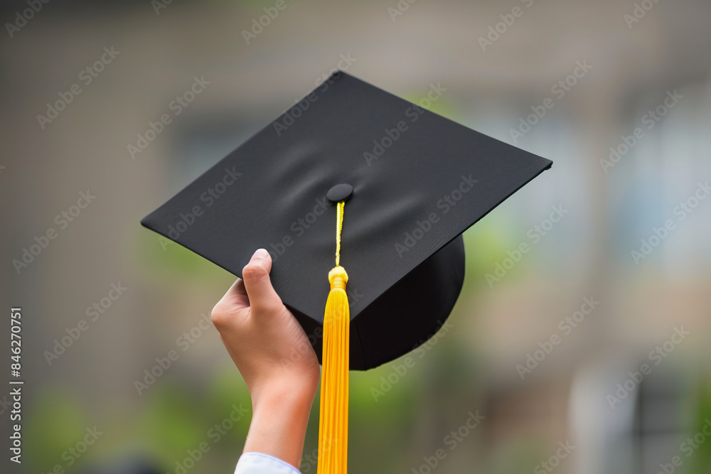 a hand holding up a graduation cap.