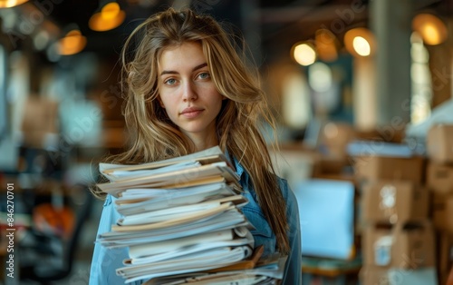 Wallpaper Mural Workaholic, A woman carrying an enormous stack of documents and stationery while holding coffee in one hand. She is wearing business attire with a blue shirt and white blouse. Torontodigital.ca