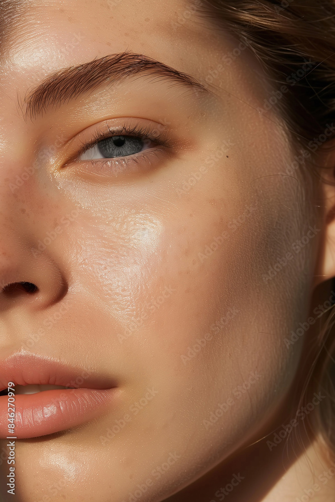 Fototapeta premium Detailed Close-Up of a Young Woman in Her 20s with Glowing, Healthy Skin, Without Makeup