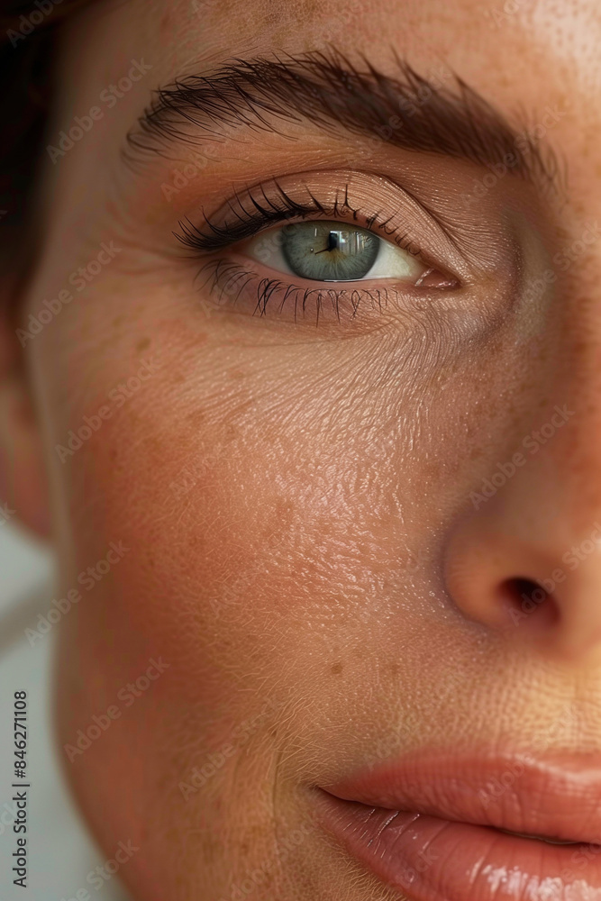 Fototapeta premium Detailed Close-Up of a Young Woman in Her 30s with Glowing, Healthy Skin, Without Makeup