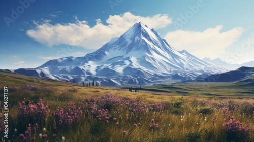 majestic mountain peak rising above a vast expanse of wildflowers, with a clear blue sky in the background