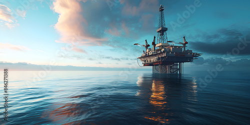 An offshore oil rig in the middle of the sea with drilling platforms pipelines and support vessels involved in the extraction of fossil fuels © Rehmat