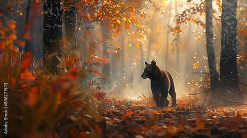 Wolverine roams autumn colored forest photo