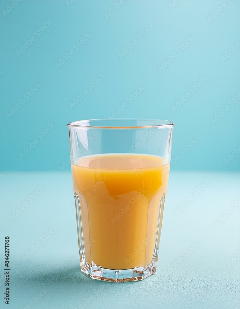 Orange juice in a transparent glass cup. Light blue background Orange juice in a transparent glass cup. Light blue background