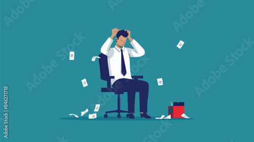 Regret on business mistake, frustration or depressed, stupidity or foolish losing all money, stressed and anxiety on failure concept, frustrated businessman holding his head sitting alone on the chair