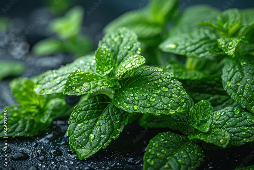 Vibrant Green Mint Leaves with Water Droplets Vibrant Green Mint Leaves with Water Droplets