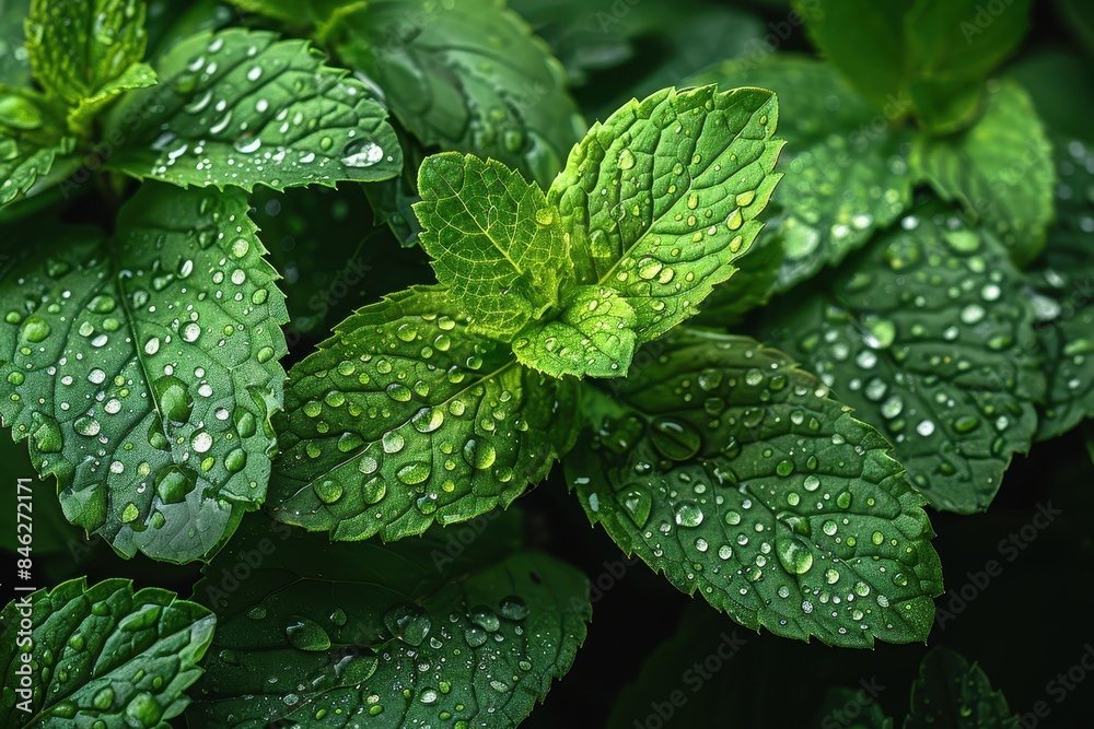 Vibrant Green Mint Leaves with Water Droplets Vibrant Green Mint Leaves with Water Droplets