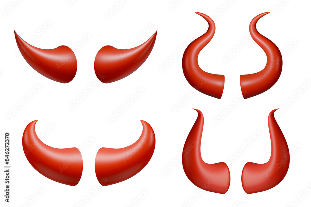 set of red devil demon horn 3d element isolated on white background. set of red devil demon horn 3d element isolated on white background.