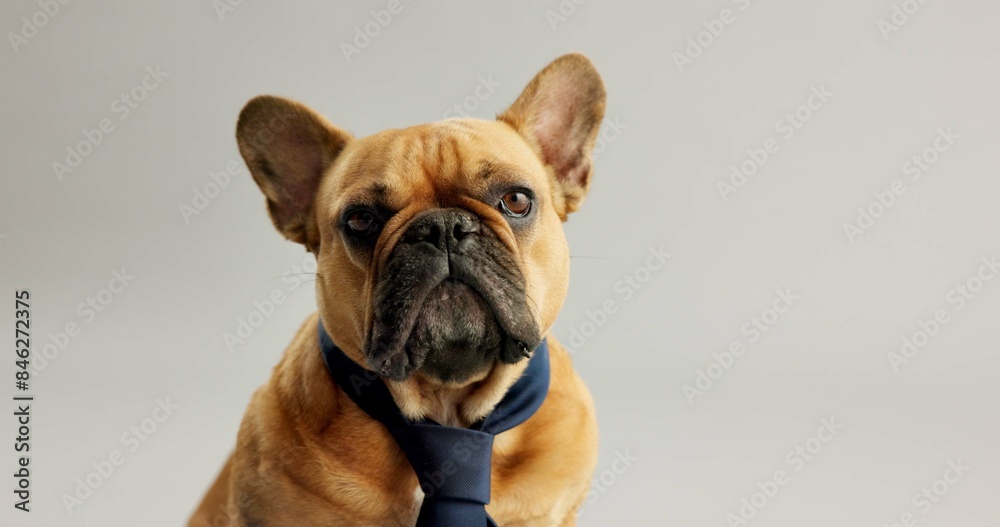 Cute, pet and portrait of dog with tie on a white background for fashion, adorable style and comic. Animal, puppy and isolated French Bulldog with costume for adoption, rescue and shelter in studio Cute, pet and portrait of dog with tie on a white background for fashion, adorable style and comic. Animal, puppy and isolated French Bulldog with costume for adoption, rescue and shelter in studio