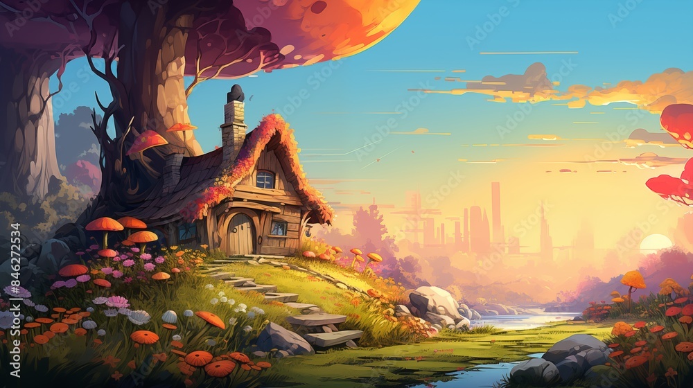 Fototapeta premium Whimsical Forest Cottage at Sunset with a Mystical Mushroom Grove