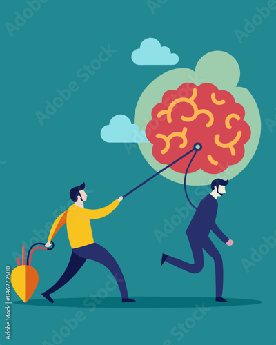 The minds rational side trying to overpower its impulsive side creating a cognitive tugofwar.. Vector illustration