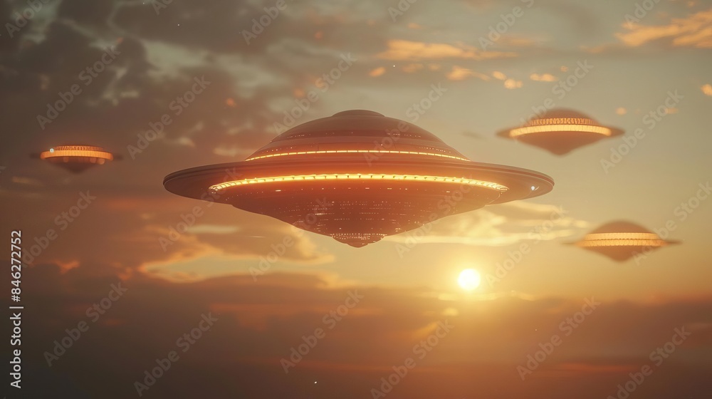 A CGI 3D of mysterious extraterrestrial crafts hovering in the sky, creating awe and wonder with their presence A CGI 3D of mysterious extraterrestrial crafts hovering in the sky, creating awe and wonder with their presence
