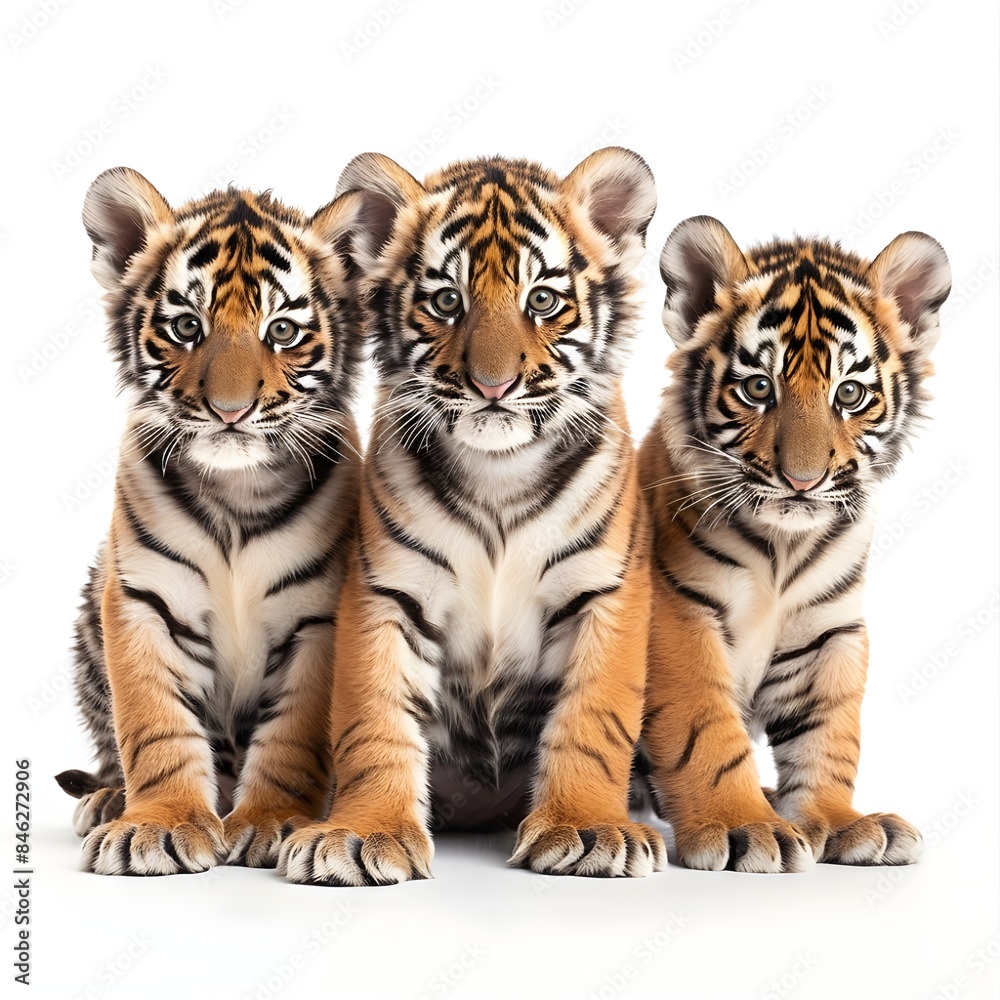 Obraz premium Group of cute tiger cubs on a white background generative AI