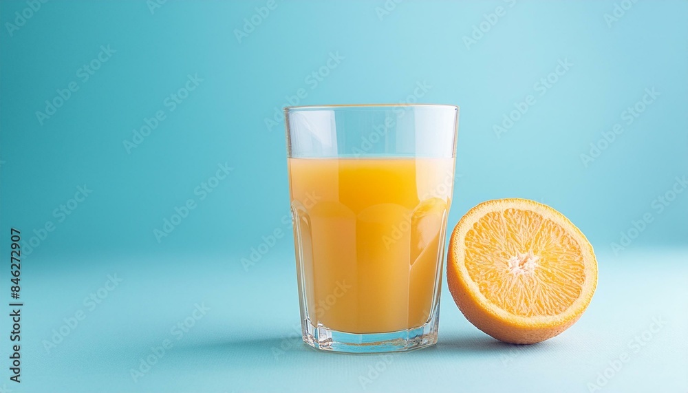 Orange juice in a transparent glass cup, with an orange next to it. light blue background Orange juice in a transparent glass cup, with an orange next to it. light blue background