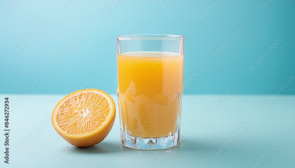 Orange juice in a transparent glass cup, with an orange next to it. light blue background Orange juice in a transparent glass cup, with an orange next to it. light blue background