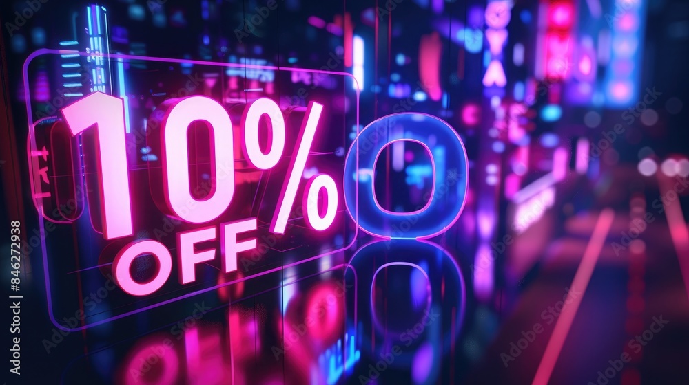Neon '10% OFF' Sign: Futuristic Holographic Style, Dark Background, Glowing Neon '10% OFF' Sign: Futuristic Holographic Style, Dark Background, Glowing