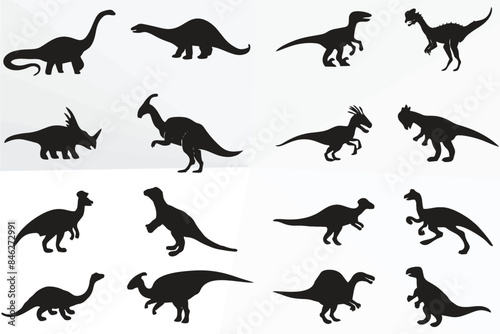 Dinosaur Jurassic animal black silhouettes. Comic tyrannosaurus fantasy. Video games theme idea. Monsters  Stegosaurus  Triceratops  Pterodactyl  Apatosaurus in editable vector format. eps 10.