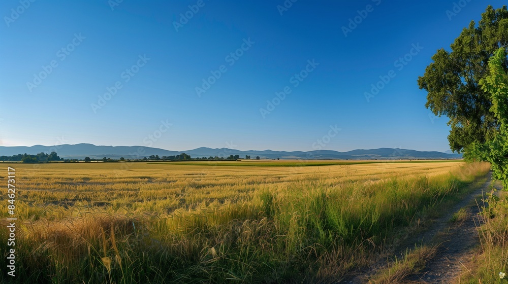 A serene and tranquil view of a rural countryside with vast fields and distant mountains. The clear blue sky creates a relaxing and peaceful atmosphere.