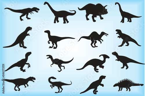 Dinosaur Jurassic animal black silhouettes. Comic tyrannosaurus fantasy. Video games theme idea. Monsters  Stegosaurus  Triceratops  Pterodactyl  Apatosaurus in editable vector format. eps 10.