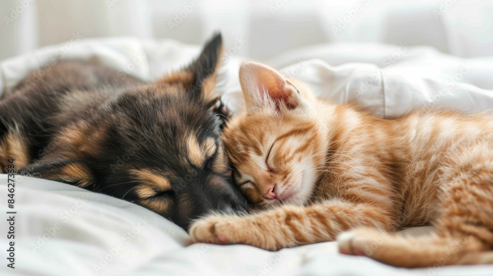 a precious moment of a puppy and kitten sharing a cozy nap, a precious moment of a puppy and kitten sharing a cozy nap,