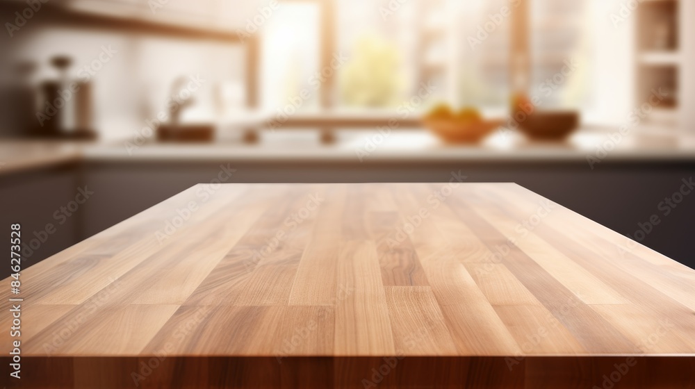 a rectangular wooden table top with a minimalist design, resting on a blurred kitchen counter background. a rectangular wooden table top with a minimalist design, resting on a blurred kitchen counter background.