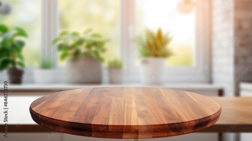 © venusvi - a round wooden table top with a natural edge, situated on a blurred kitchen counter background. © venusvi - a round wooden table top with a natural edge, situated on a blurred kitchen counter background.