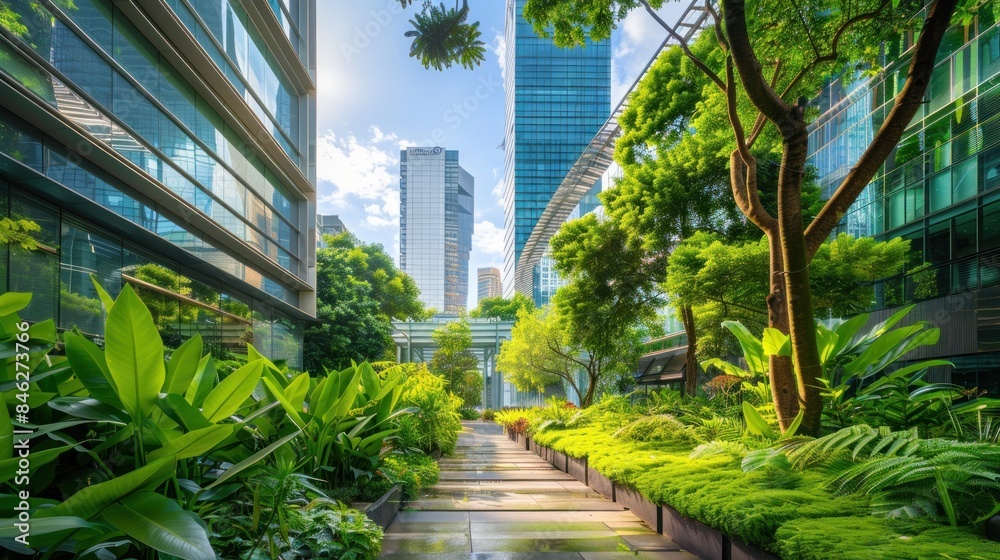 Buildings in the middle of the city are integrated with green plants. generative AI image