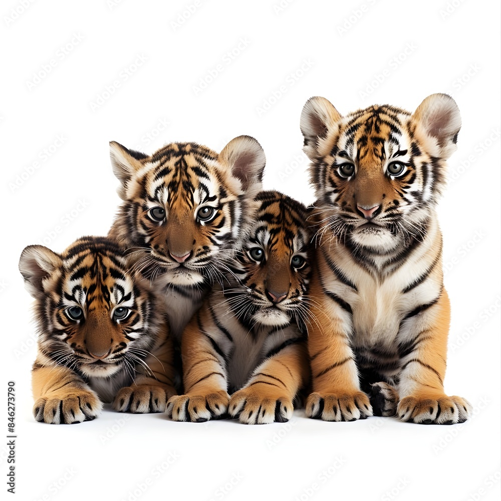 Fototapeta premium Group of cute tiger cubs on a white background generative AI