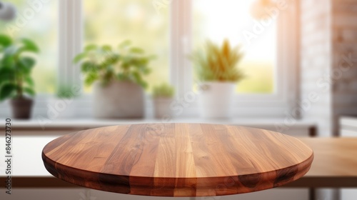 a round wooden table top with a natural edge, situated on a blurred kitchen counter background. photo