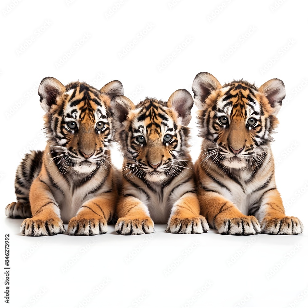 Obraz premium Group of cute tiger cubs on a white background generative AI