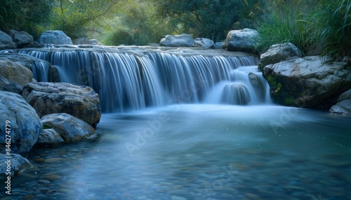 Fototapeta Naklejka Na Ścianę i Meble -  Waterfall at Dawn, a waterfall early hours of the day, resulting in a silky smooth flow of water against a serene backdrop