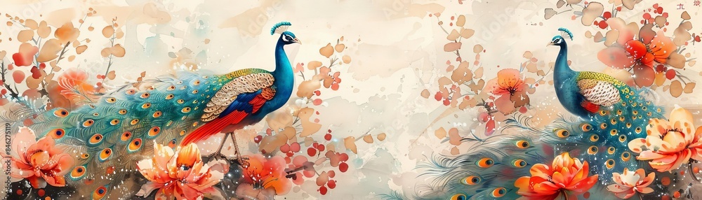 Fototapeta premium A sweeping panorama of peacocks radiating festive Christmas cheer in July, decorated with holiday ornaments amidst a lively summer environment, watercolor style