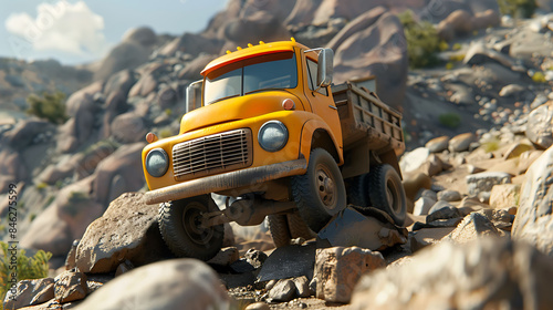 truck climbs over boulders in heavy roads photo