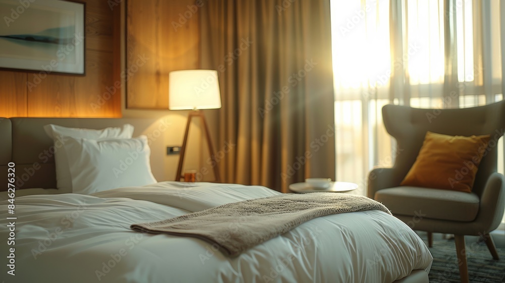 Cozy hotel room with warm lighting and comfortable bed Cozy hotel room with warm lighting and comfortable bed