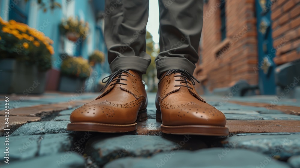Brown leather shoes on cobblestone street Brown leather shoes on cobblestone street
