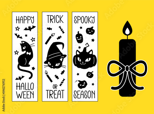 Halloween black bookmarks with cats, pumpkins silhouette and greeting text. Vector decorative art set for print on candles, stickers, banner.