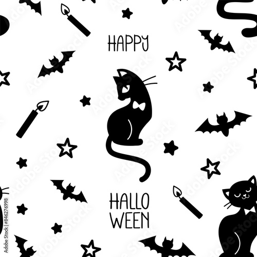 Monochrome cute halloween pattern with black cats, text, bat, candle, stars. Vector hand drawn seamless illustration for wrapping paper, wallpaper, background, print, fabric, books.