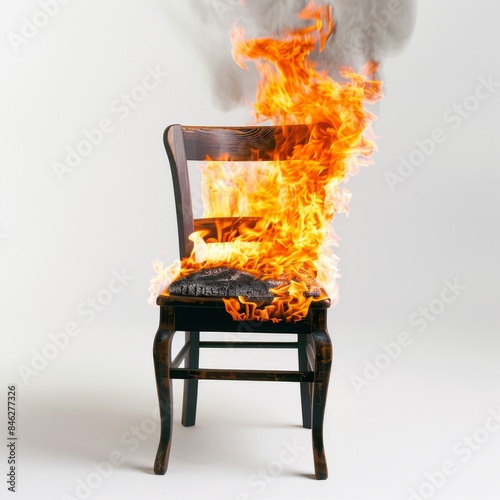Burning chair isolated on white background. burning fire object concept for designer