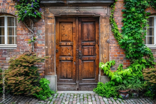 A wooden door with a brick walkway in front of it   © lee