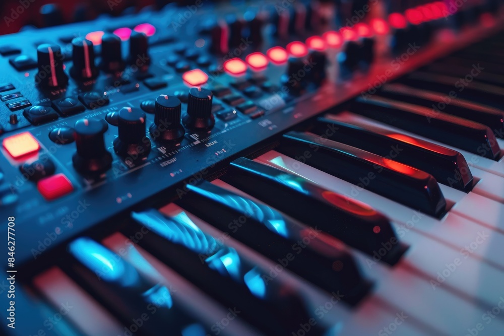 A close up of a keyboard with many knobs
A close up of a keyboard with many knobs
