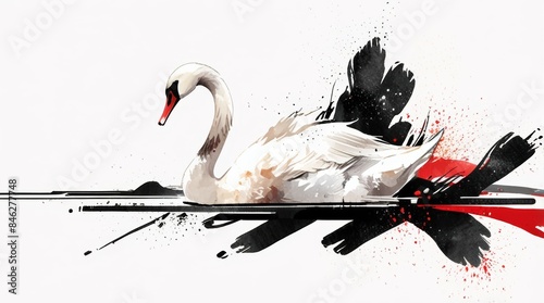 Fototapeta Naklejka Na Ścianę i Meble -  Elegant swan in lake Japanese ink painting in red and black brush strokes on white background, Minimalistic painting art	