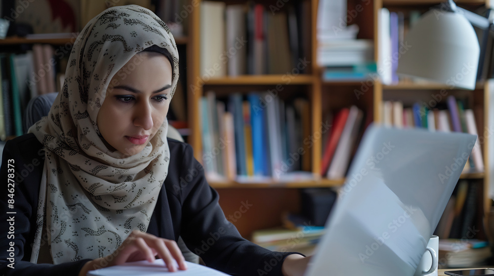 Focused woman in a hijab working with documents at her desk, surrounded by bookshelves, embodying concentration and diligence in a scholarly environment Focused woman in a hijab working with documents at her desk, surrounded by bookshelves, embodying concentration and diligence in a scholarly environment