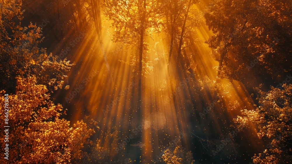 Sunlight streaming through trees in a foggy forest Sunlight streaming through trees in a foggy forest