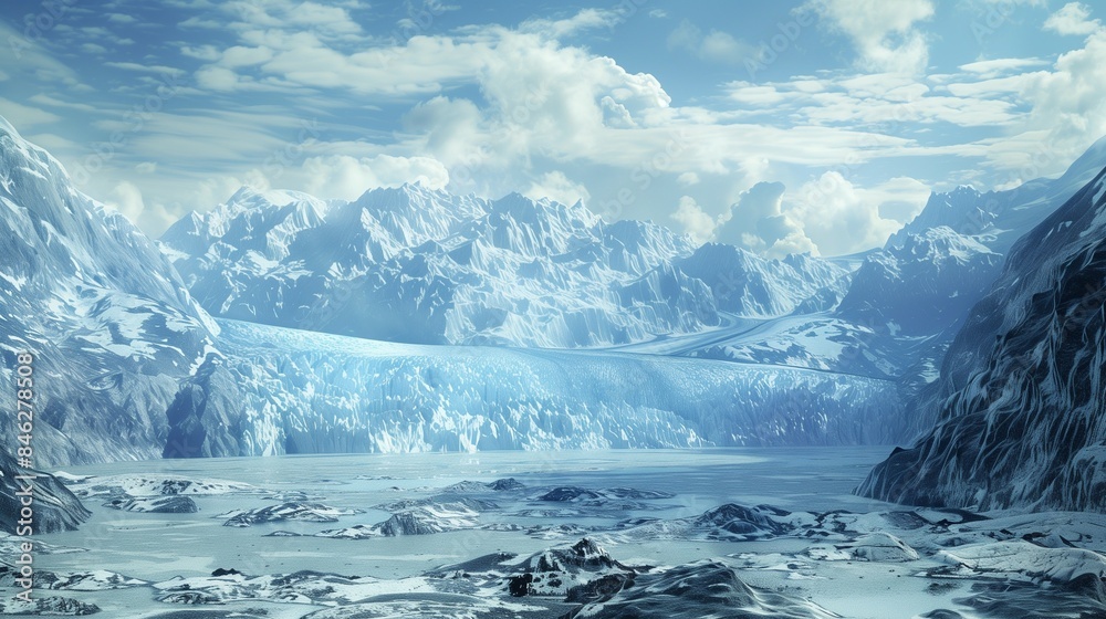 Fototapeta premium An expansive and majestic view of a glacier landscape. The stunning blues and whites blend together to create a breathtaking and awe-inspiring scene.