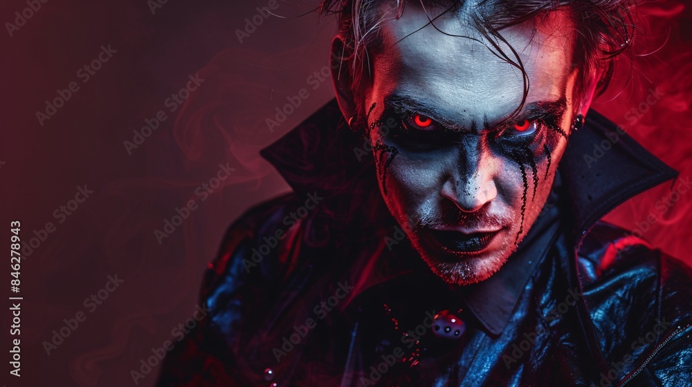Person in a vampire costume with dramatic makeup, posing with a sinister expression Person in a vampire costume with dramatic makeup, posing with a sinister expression