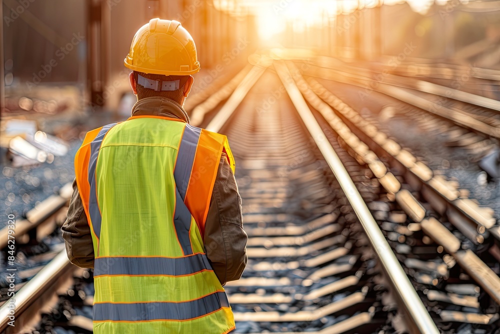 Railway Engineer Inspecting Tracks at Sunset