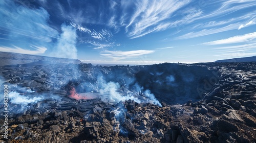 A dramatic and awe-inspiring volcanic landscape with a smoky bellows. The bright blue sky overhead creates a striking contrast to the landscape.