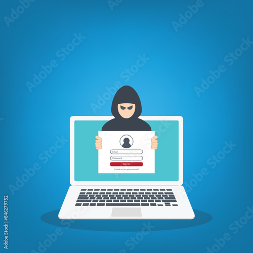 Hacker, cyber criminal looking for password trying to hack security. Credit card, bank account hacking. Vector illustration	